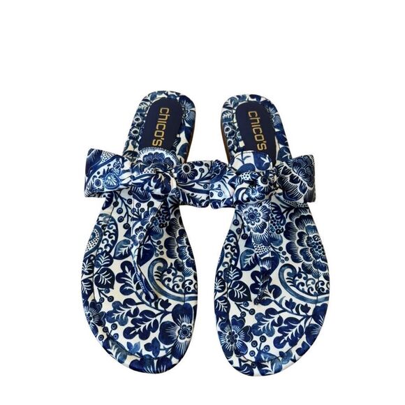 Chico’s Print Knotted Sandals size 9.5 White Blue floral - Picture 2 of 7